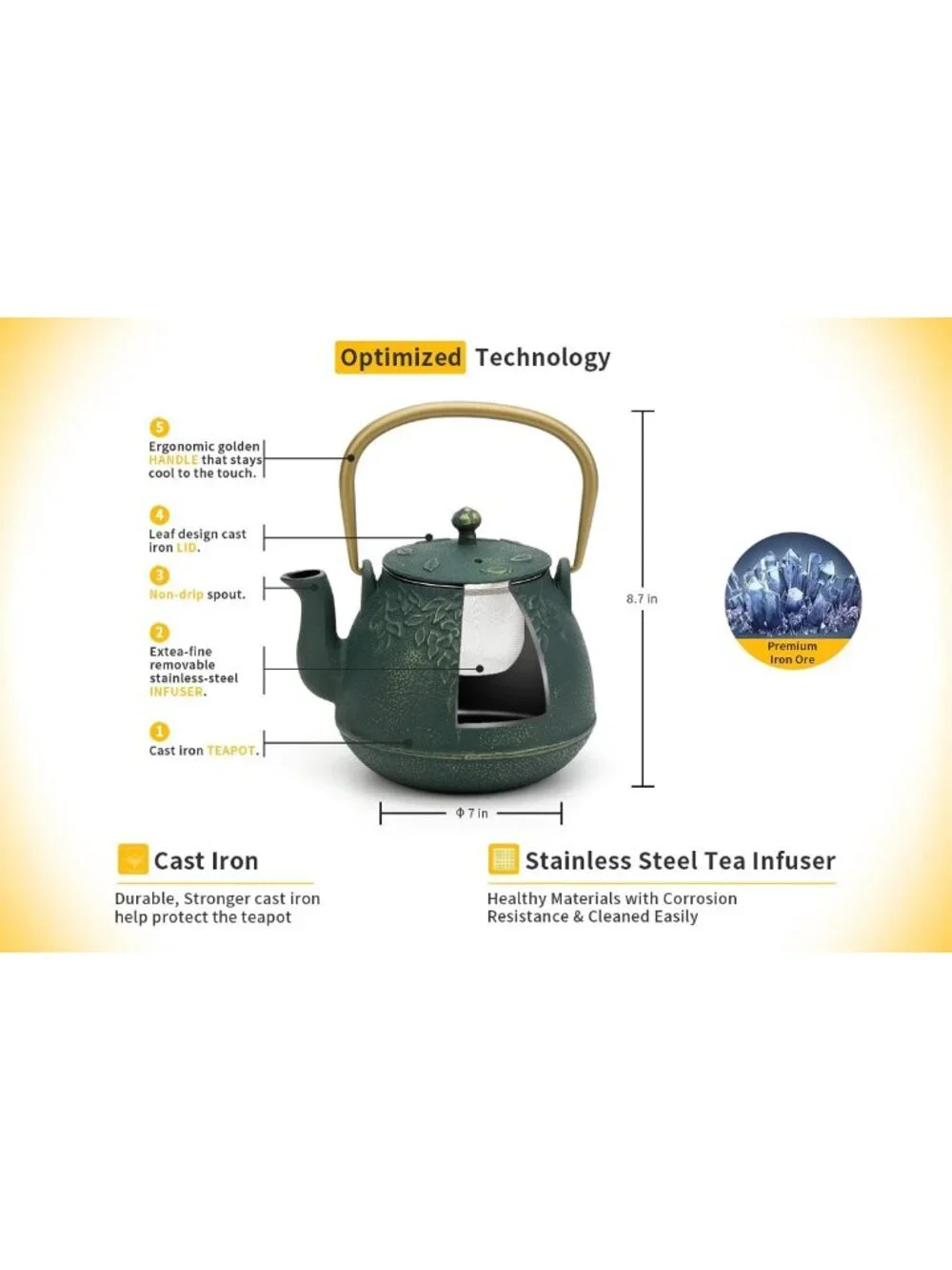 Japanese Cast Iron Teapot with Infuser, 40oz Stovetop Safe, Leaf Design, Dark
